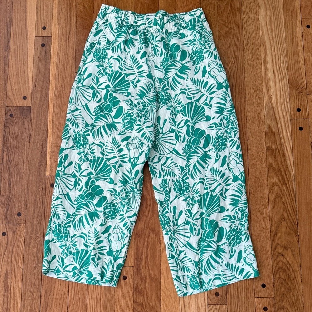 Nicole Miller 100% Linen Green Leaf Cropped Pants Pull On Elastic Waist Women S